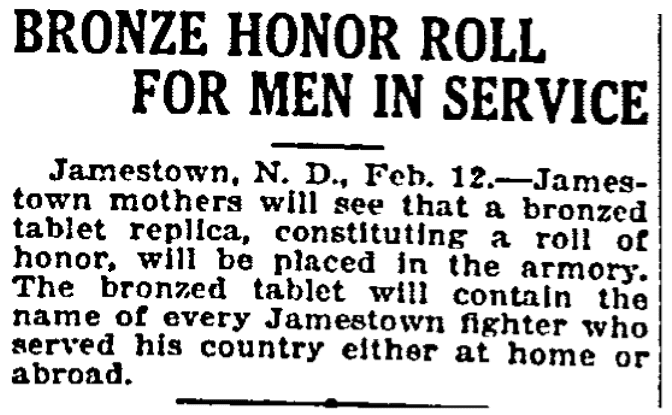 An article about WWI Honor Rolls, Grand Forks Daily Herald newspaper article 13 February 1919