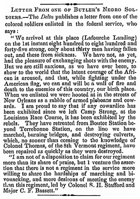 A letter from an African American soldier during the Civil War, Hartford Daily Courant newspaper article 26 November 1862