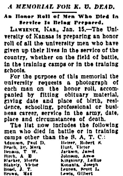 An article about WWI Honor Rolls, Kansas City Star newspaper article 15 January 1919