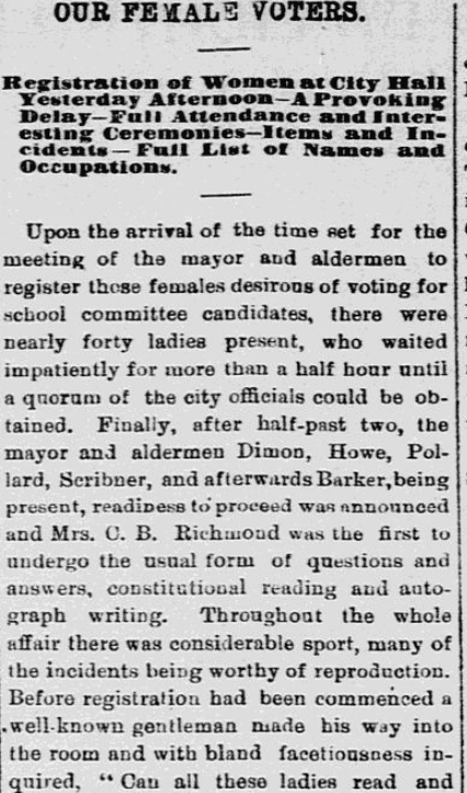 An article about female voters, Lowell Daily Citizen and News newspaper article 13 November 1879