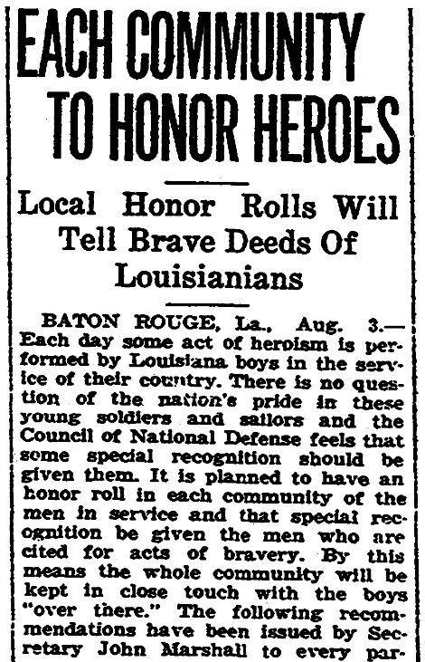 An article about WWI Honor Rolls, New Orleans States newspaper article 4 August 1918