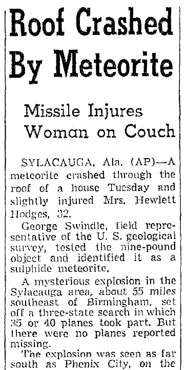 An article about a meteorite, Oregonian newspaper article 1 December 1954