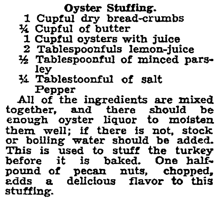 A recipe for oyster stuffing, Sacramento Bee newspaper article 8 November 1930