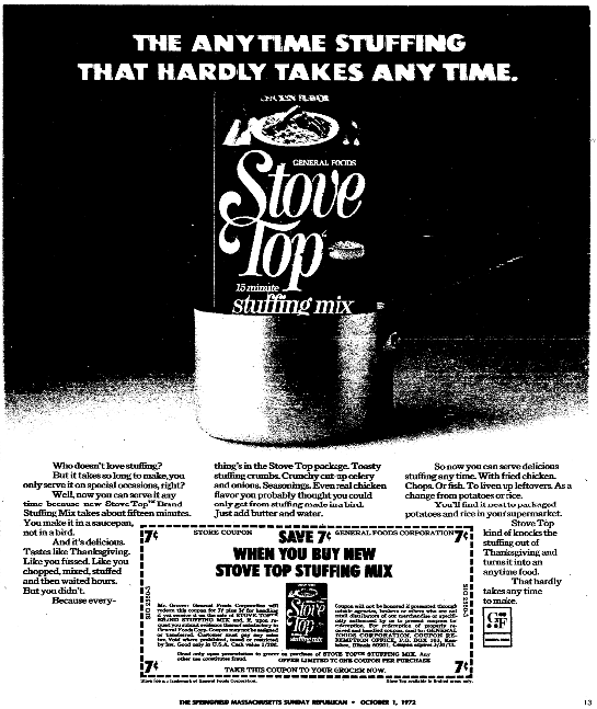 An ad for stuffing mix, Springfield Union newspaper advertisement 1 October 1972