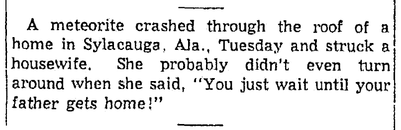 An article about a meteorite, Springfield Union newspaper article 2 December 1954