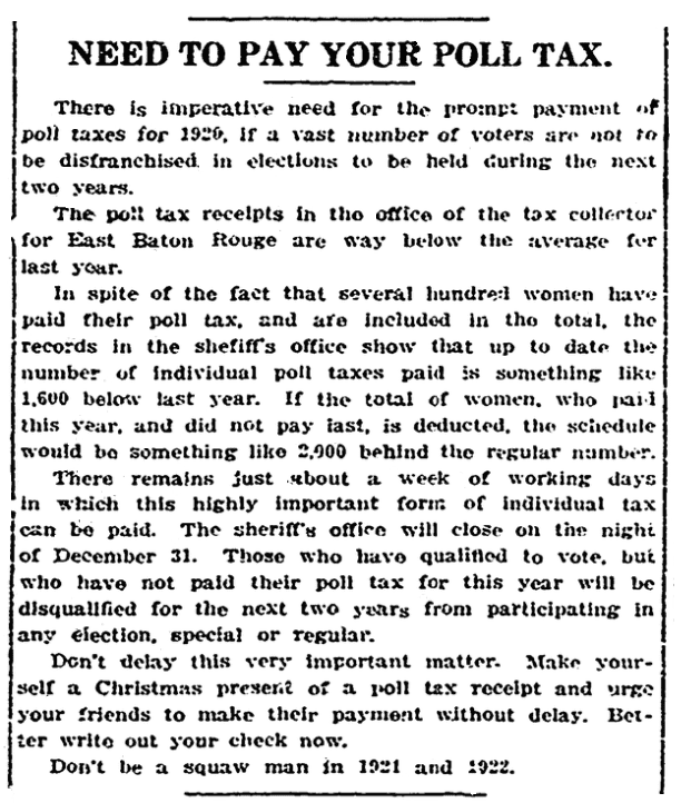 An article about a poll tax, State Times Advocate newspaper article 22 December 1920