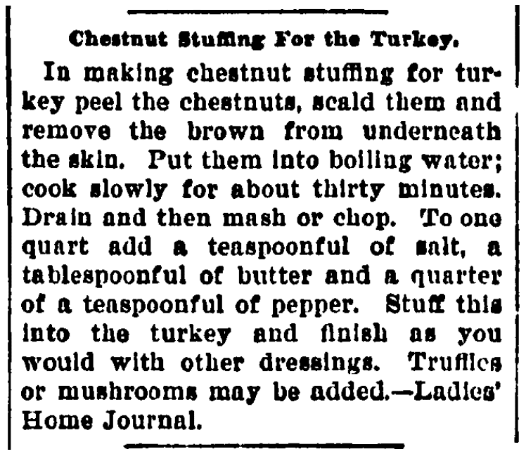 A recipe for chestnut stuffing, Suburban Citizen newspaper article 24 November 1900