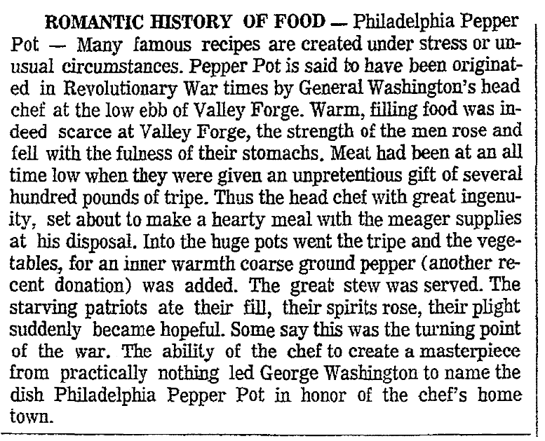 An article about Pepper Pot soup, Daily Illinois State Journal newspaper article 11 March 1971