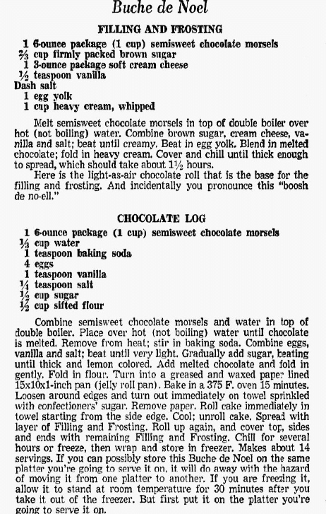 A recipe for a Yule Log cake, Dallas Morning News newspaper article 15 December 1966