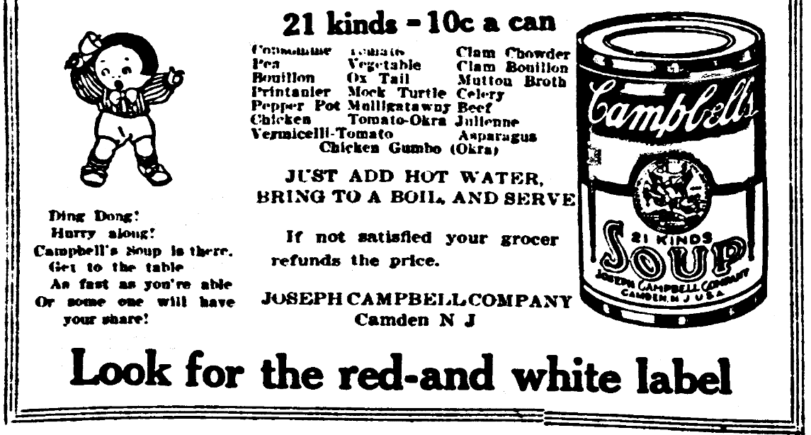 An ad for Campbell's Soup, Evening Star newspaper advertisement 23 February 1910