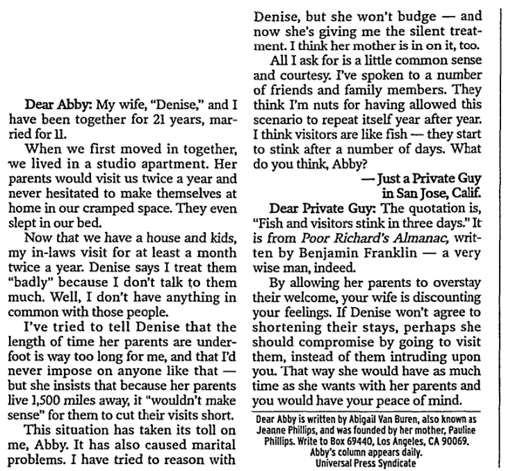 A "Dear Abby" column, Fort Worth Star-Telegram newspaper article 28 September 2003