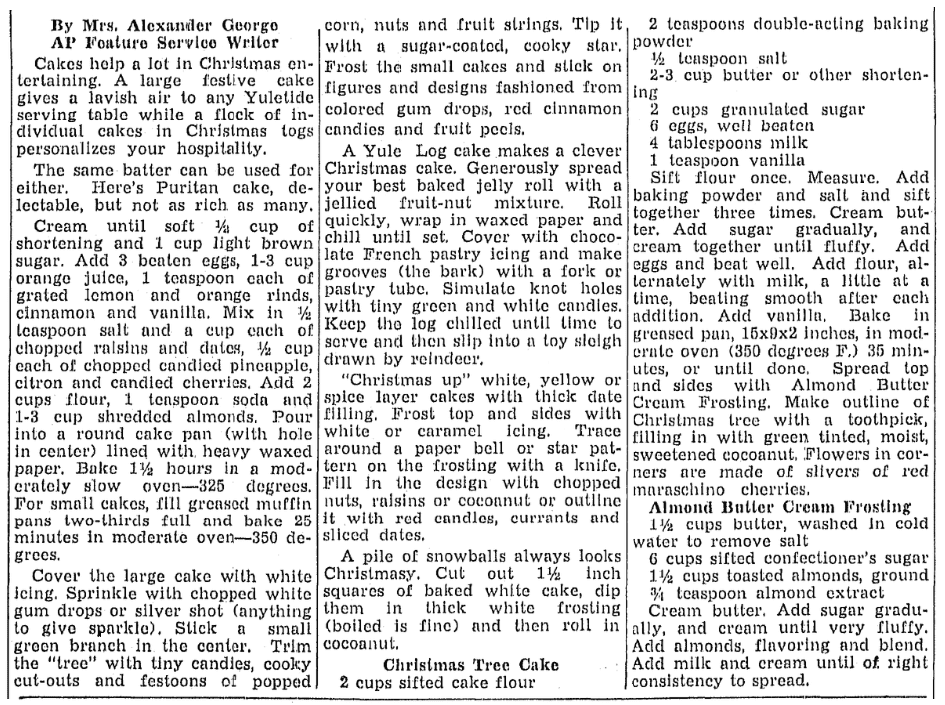 A recipe for a Yule Log cake, Lexington Herald newspaper article 8 December 1939