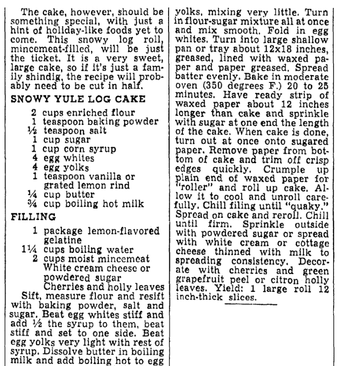 A recipe for a Yule Log cake, Oregonian newspaper article 20 December 1945