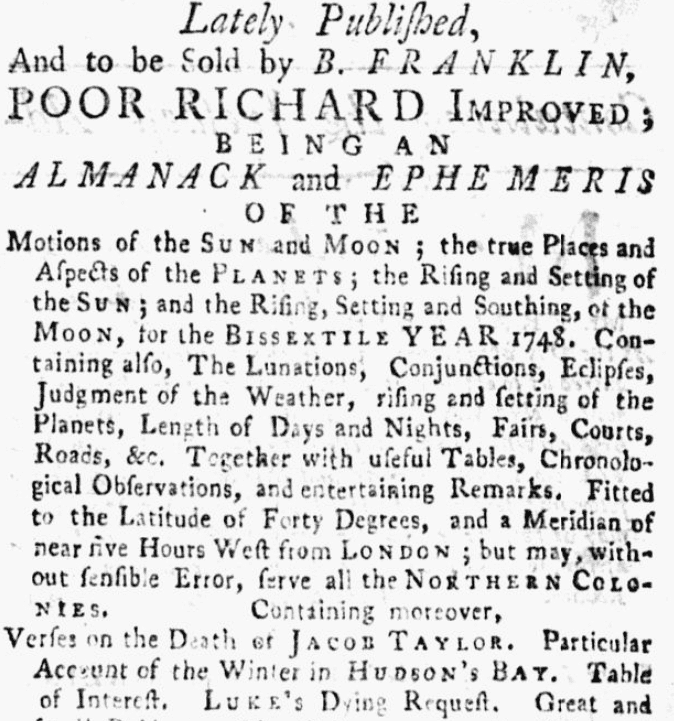 An ad for "Poor Richard's Almanack," Pennsylvania Gazette newspaper article 29 December 1747