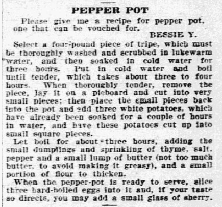 A recipe for Pepper Pot soup, Philadelphia Inquirer newspaper article 28 December 1904