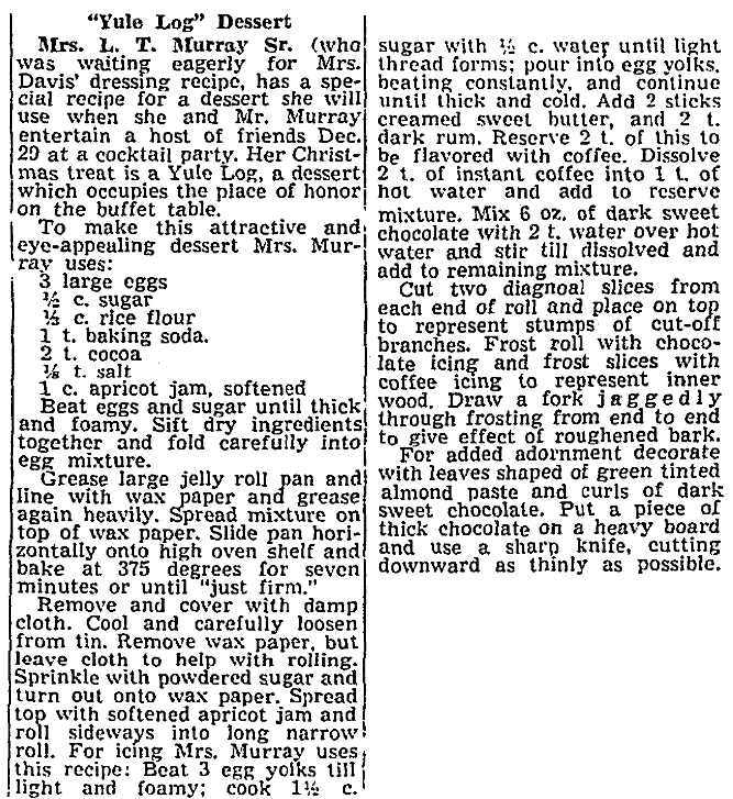 A recipe for a Yule Log cake, Tacoma Daily Ledger newspaper article 23 December 1960