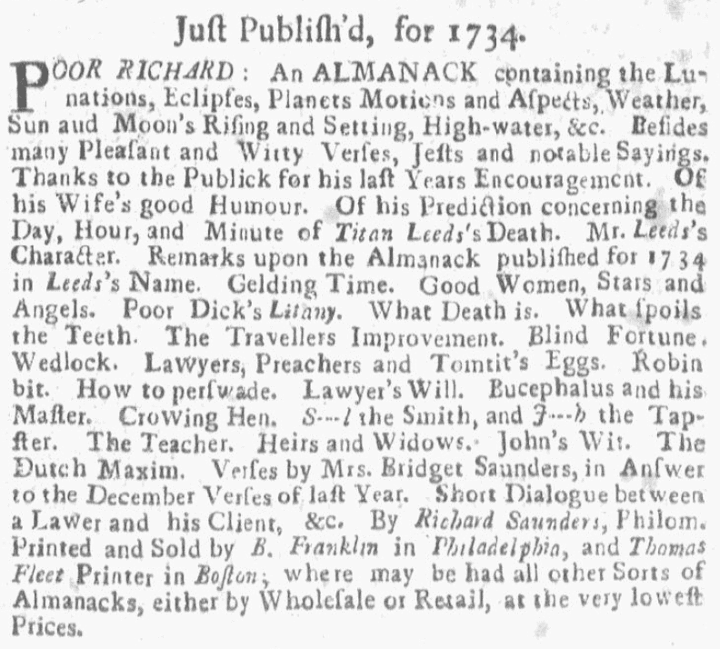 An ad for "Poor Richard's Almanack," Weekly Rehearsal newspaper advertisement 17 December 1733