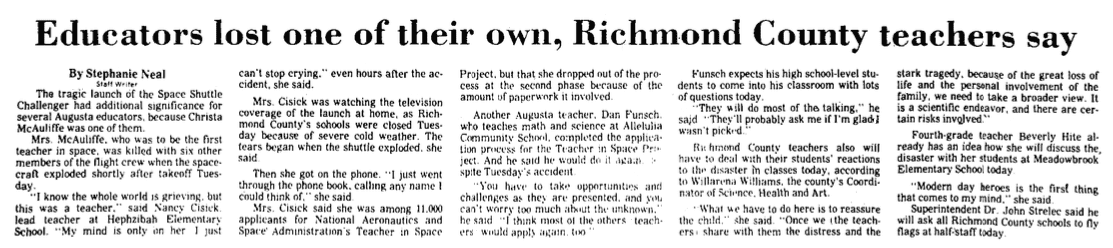 An article about the explosion of the space shuttle Challenger, Augusta Chronicle newspaper article 29 January 1986