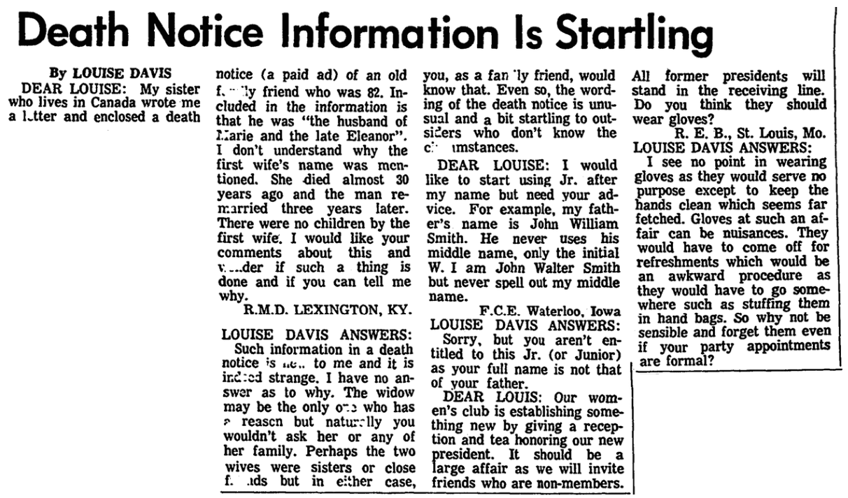 An etiquette column, Columbia Record newspaper article 23 February 1973