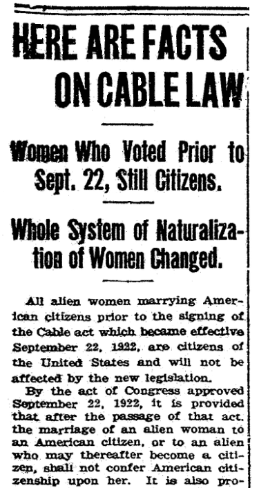 An article about U.S. citizenship for women, Evening News newspaper article 3 October 1922
