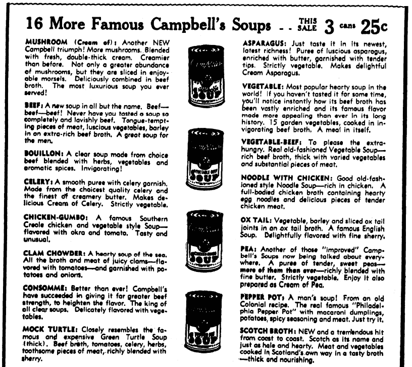 An ad for Campbell's soup, Evening Star newspaper advertisement 2 November 1936