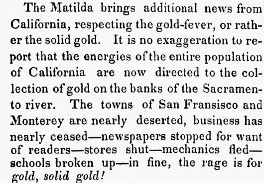 An article about the California Gold Rush, Friend newspaper article 1 July 1848