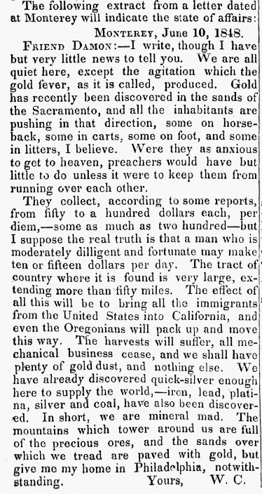 An article about the California Gold Rush, Friend newspaper article 1 July 1848