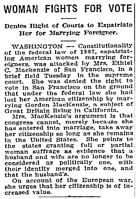 An article about U.S. citizenship for women, Idaho Statesman newspaper article 7 April 1915