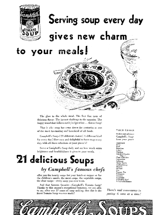 An ad for Campbell's soup, Kansas City Star newspaper advertisement 21 February 1930