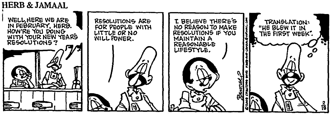 A comic strip about new year's resolutions, State newspaper article 18 February 2008