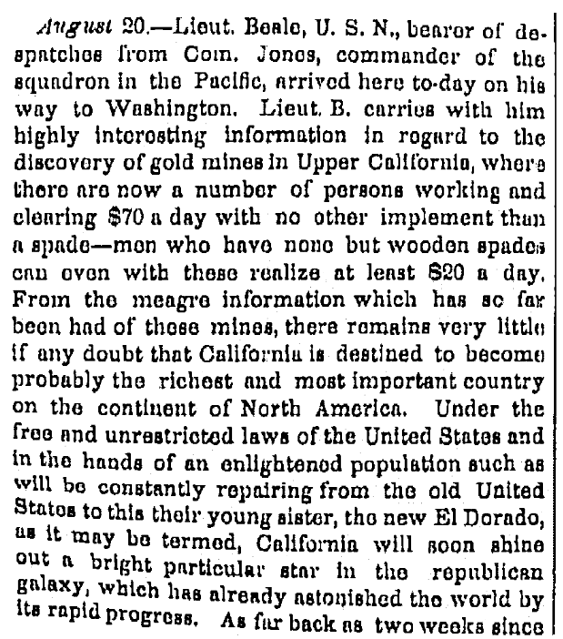 An article about the California Gold Rush, Times-Picayune newspaper article 12 September 1848