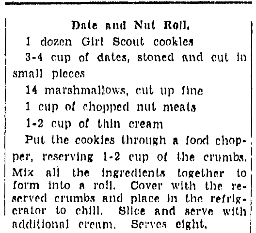 A recipe using Girl Scout cookies, Arkansas Gazette newspaper article 10 March 1939