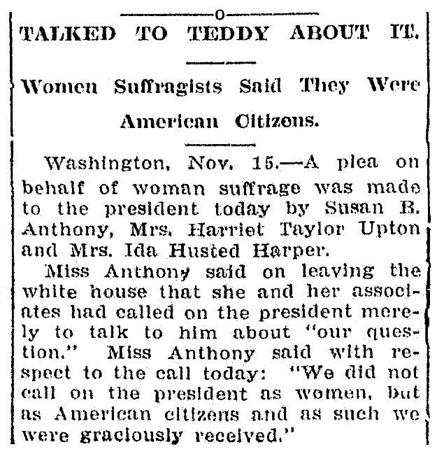 An article about Susan B. Anthony, Bay City Daily Tribune newspaper article 16 November 1905