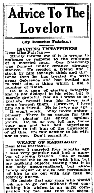 A newspaper advice column by "Beatrice Fairfax," Bridgeport Evening Farmer newspaper article 27 December 1920