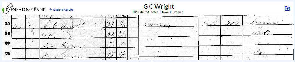 1860 Census record for G. C. Wright