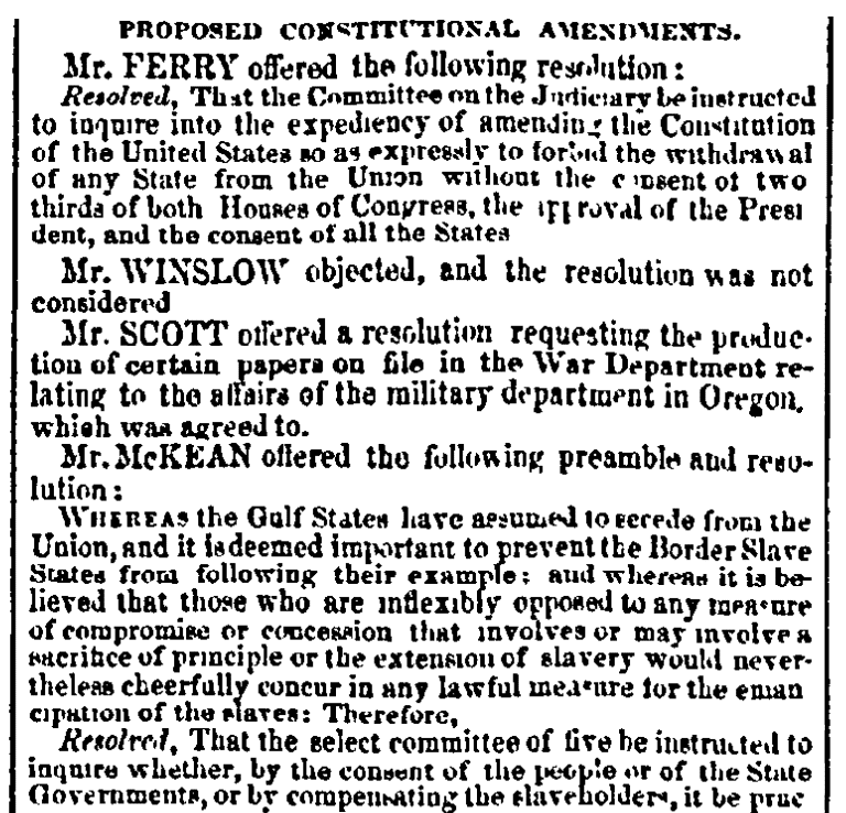 An article about a debate in Congress over slavery, Daily National Intelligencer newspaper article 12 February 1861