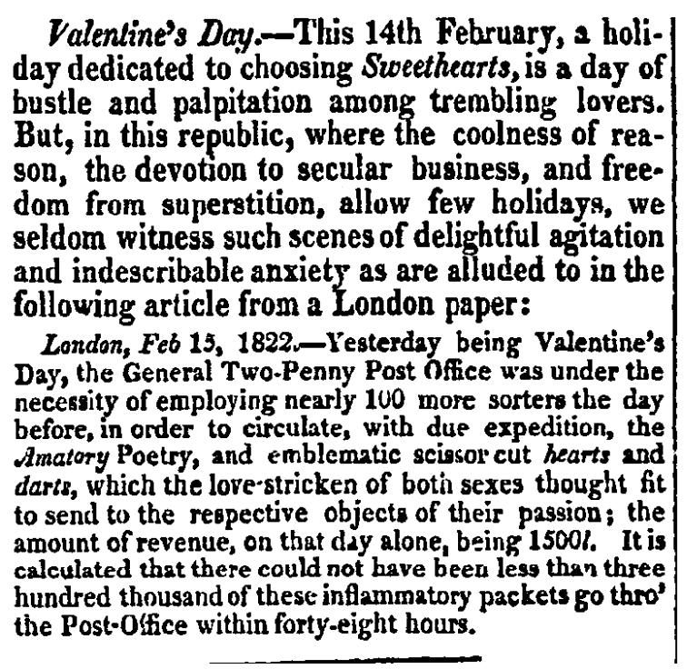 An article about Valentine's Day, Daily National Intelligencer newspaper article 25 March 1823