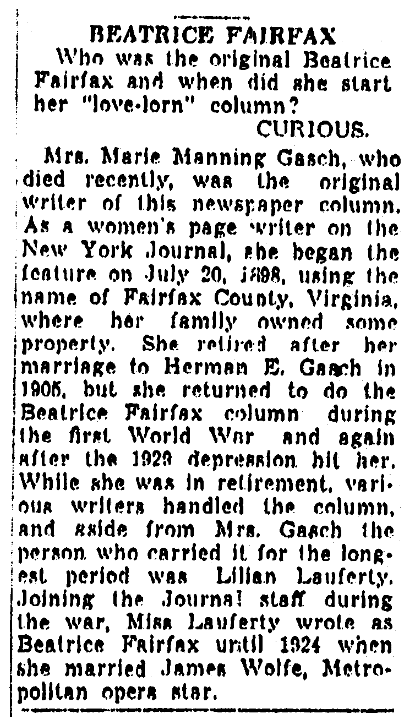 An article about the very first newspaper advice columnist, "Beatrice Fairfax," Detroit News newspaper article 21 December 1945