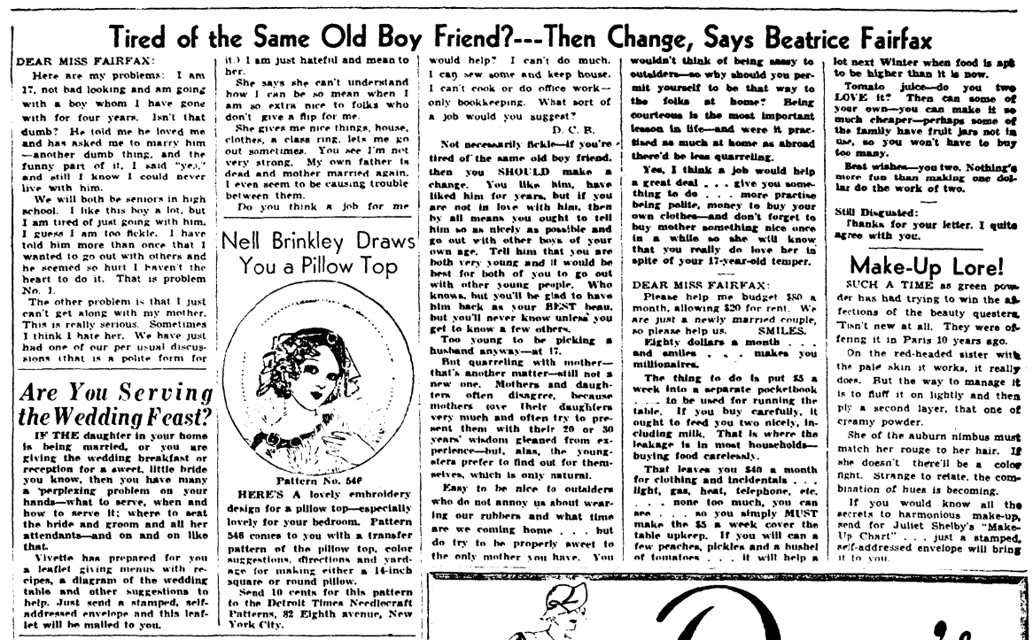 A newspaper advice column by "Beatrice Fairfax," Detroit Times newspaper article 17 July 1934