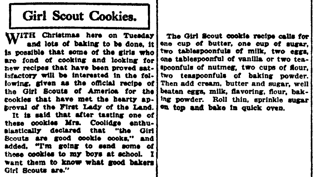 A recipe for Girl Scout cookies, Evening Star newspaper article 23 December 1923