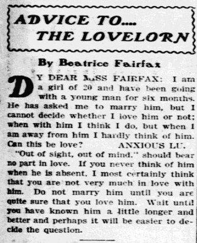 A newspaper advice column by "Beatrice Fairfax," Fort Worth Star-Telegram newspaper article 3 May 1903