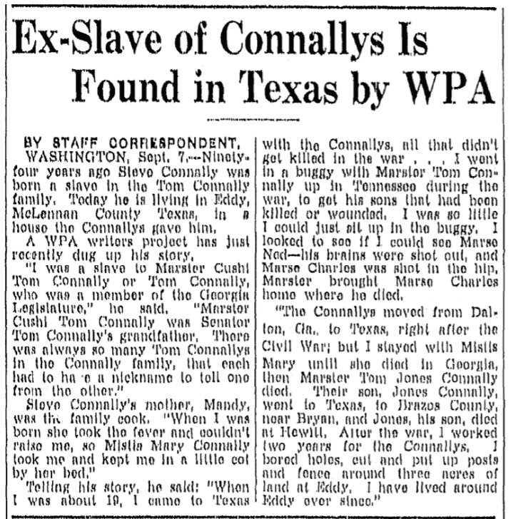 An article about ex-slave Steve Connally, Fort Worth Star-Telegram newspaper article 8 September 1937