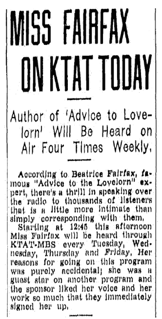 An article about the very first newspaper advice columnist, "Beatrice Fairfax," Fort Worth Star-Telegram newspaper article 14 September 1937