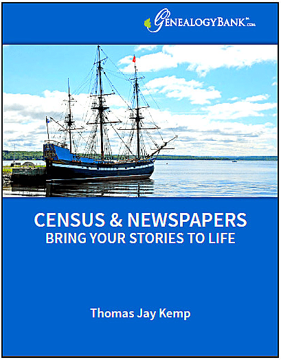 A photo of the cover of GenealogyBank's ebook "Census & Newspapers Bring Your Stories to Life"