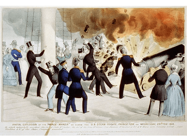 A print by Currier & Ives depicting the explosion of a cannon on the USS Princeton on 28 February 1844