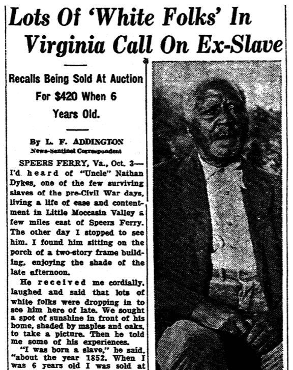 An article about ex-slave Nathan Dykes, Knoxville News-Sentinel newspaper article 4 October 1936