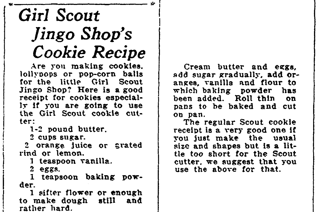 A recipe for Girl Scout cookies, Knoxville News-Sentinel newspaper article 12 December 1926