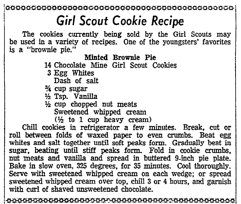 A recipe using Girl Scout cookies, Lexington Herald newspaper article 23 October 1959