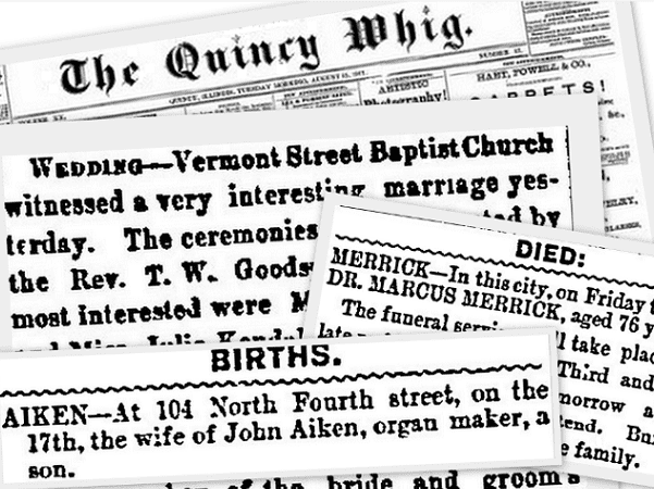A montage of newspaper clippings from GenealogyBank's Historical Newspaper Archives