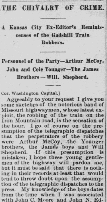 An article about Jesse James and his gang, Morning Republican newspaper article 18 February 1874